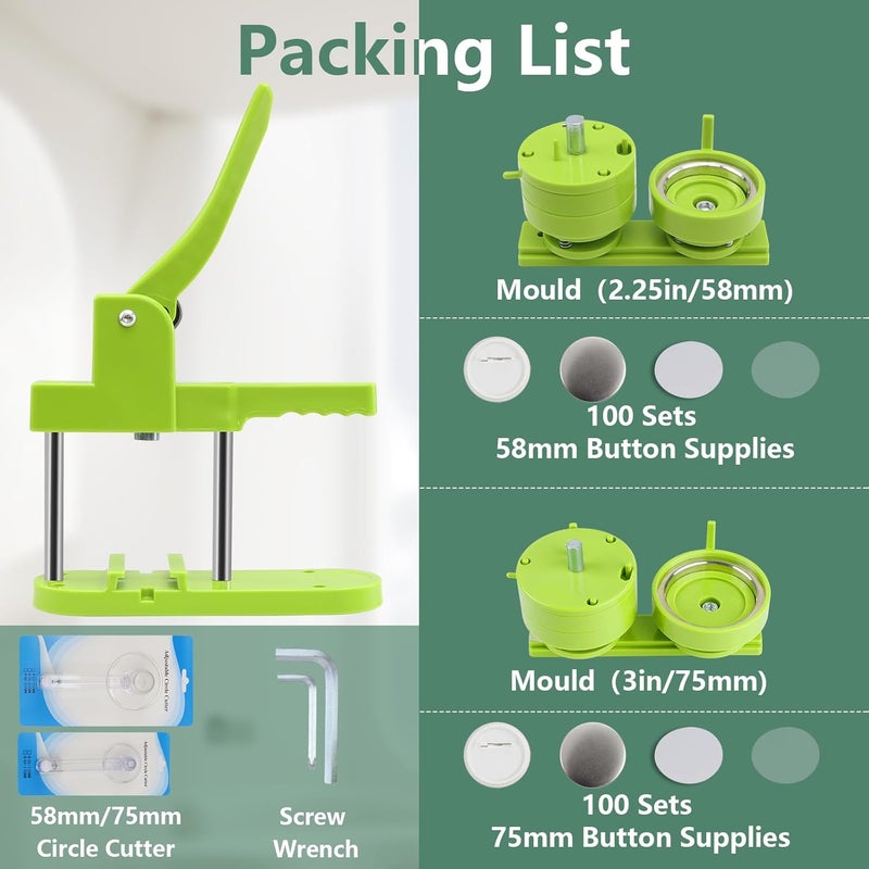 Happizza Button Maker Machine Multiple Sizes, Pin Maker Machine 2.25 inch+3 inch, Interchangeable Button-Models Badge Button Press Machine with 200 Sets 58mm+75mm Button Maker Supplies&Circle Cutter - Image 3